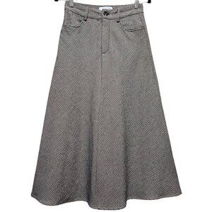 MNG Black & White Houndstooth A-Line Midi Skirt With Front & Back Pockets Button